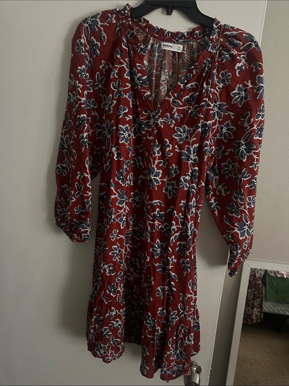 Sonoma Burgundy Floral Long- sleeve Dress with tie belt